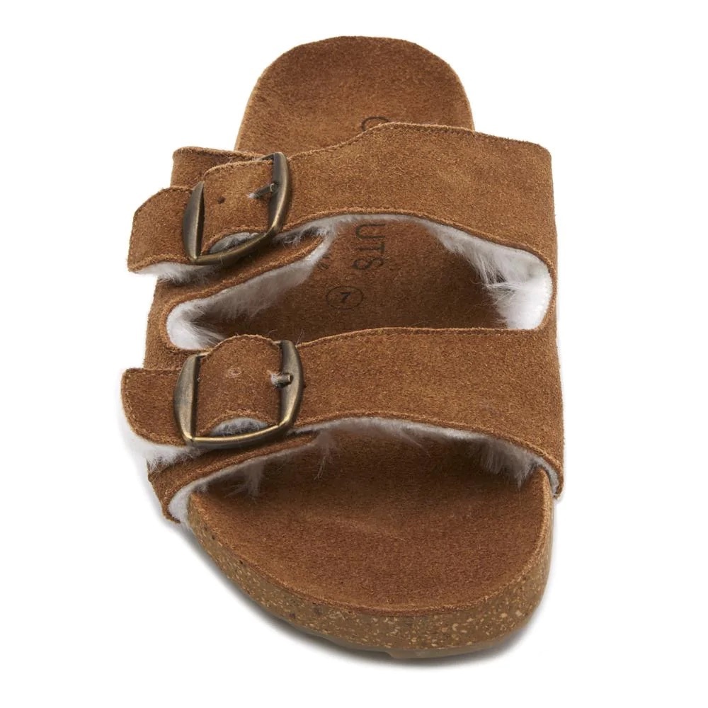REG PRICE SUEDE LEATHER UPPED BUCKLE SANDAL WITH FAUX FUR LINING COMFORTABL